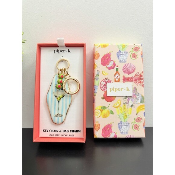 Piper K Tini Time Martini Glass Keychain Bag Charm Blue Stripe Olive Retro NIB - Picture 10 of 10